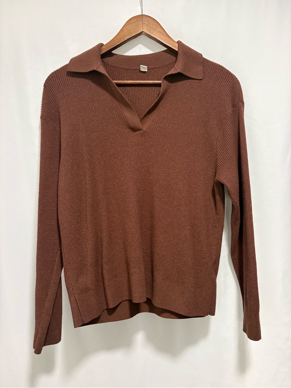 UNIQLO Knit Ribbed Loungewear Set Brown Polo Sweater Wide Leg Pants Size Large - Picture 2 of 6